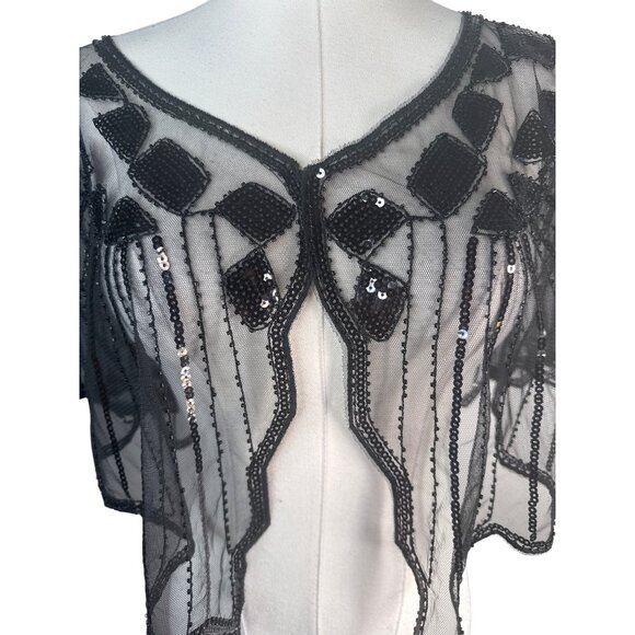 Black Sequin Mesh Geometric Shapes Cape Sheer Evening Wrap NWT - Picture 4 of 14